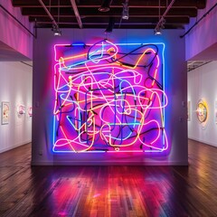 Abstract neon art installation in a modern art gallery