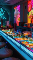 Neon sushi bar with a conveyor belt serving glowing food