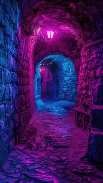 Underground neon-lit catacombs with hidden passages