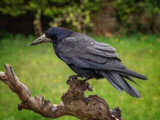 Rook perched on a log