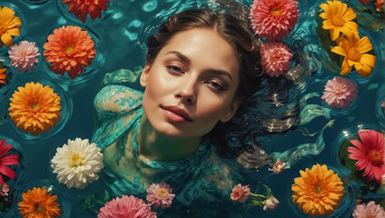 girl in water with flowers fantasy