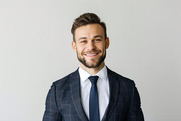 Portrait of handsome caucasian man in formal suit looking at camera smiling with toothy smile isolated in white background. Confident businessman ceo boss freelancer manager