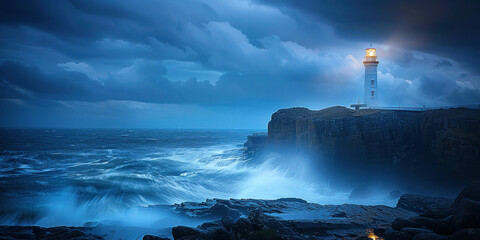 Stormy Sky Lighthouse Perched on Rocky Cliff Overlooking Turbulent Waters