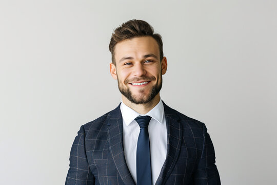 Portrait of handsome caucasian man in formal suit looking at camera smiling with toothy smile isolated in white background. Confident businessman ceo boss freelancer manager
