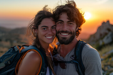 Caucasian couple hiking and wearing backpacks standing on mountain peak at sunset.