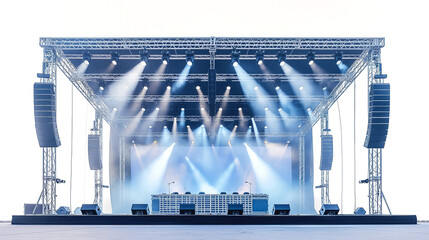 Big outdoor stage rigging truss with light and sound system, blank center screen, all events, concerts, performances, stage design concept