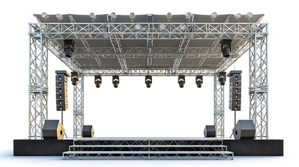 Big outdoor stage rigging truss with light and sound system, blank center screen, all events, concerts, performances, stage design concept