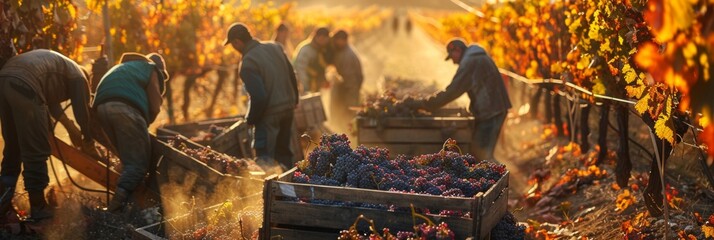 Workers carrying boxes of ripe grapes through the vineyard - obrazy, fototapety, plakaty