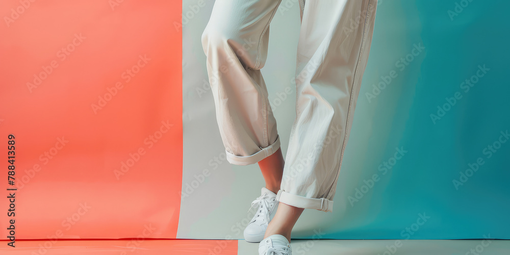 Wall mural Female legs in trendy sporty oversize pants on background with copy space. Banner template of sportswear store.