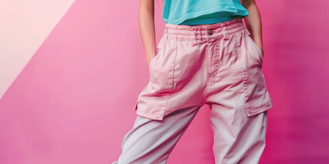 Female legs in trendy sporty oversize pants on pink background with copy space. Banner template of sportswear store. - obrazy, fototapety, plakaty