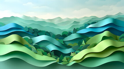 A minimalist paper art depiction of rolling hills, made using various shades of green paper on a sky-blue background