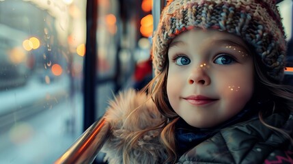 Little girl looking out the window of a moving vehicle - obrazy, fototapety, plakaty