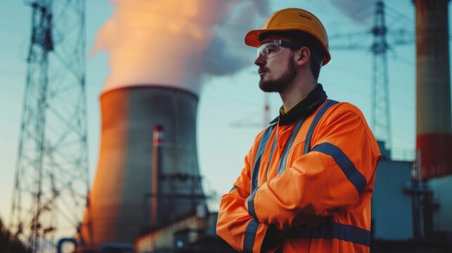 Engineer stands against the background of a nuclear power plant