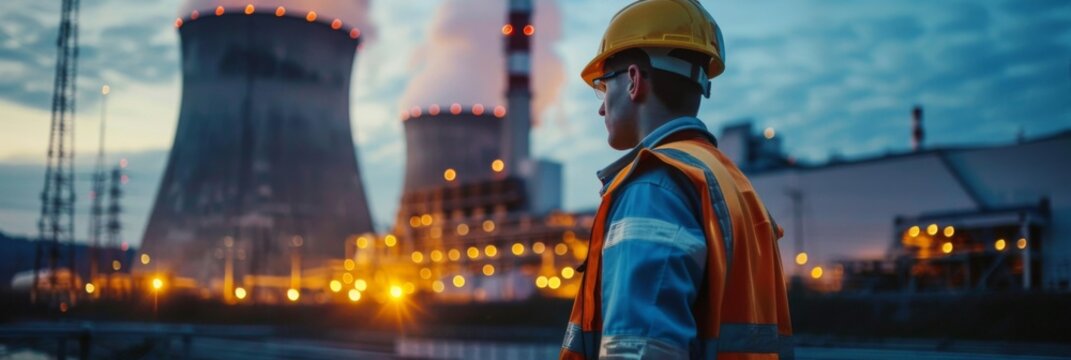 Engineer stands against the background of a nuclear power plant