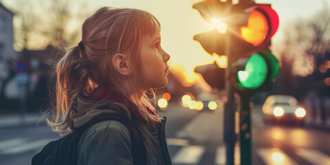 School-age girl on road looks at a traffic light. Creative concert of safety on road, safe traffic...