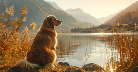 Companion dog sitting in a calm natural setting - obrazy, fototapety, plakaty