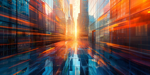 A futuristic cityscape with skyscrapers and buildings reflecting the sunlight, representing innovation in urban development and business. business  building at sunset