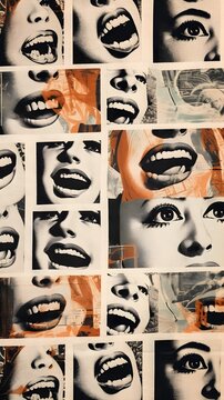 Mixed media surreal collage of retro nostalgic antique mannequins screaming and laughing in the surreal mixed media collage art style of pop art, shocking and thought provoking, bold saturated dayglo 
