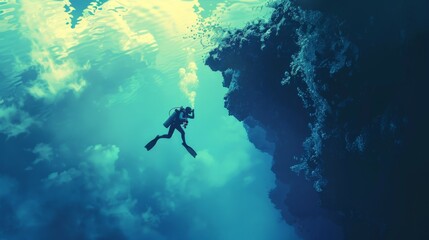 Scuba divers peering over the edge of a steep cliff into the endless depths of the ocean