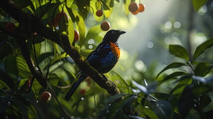 Black Songbird perched on a branch, bathed in warm sunlight in the forest. Wildlife illustration