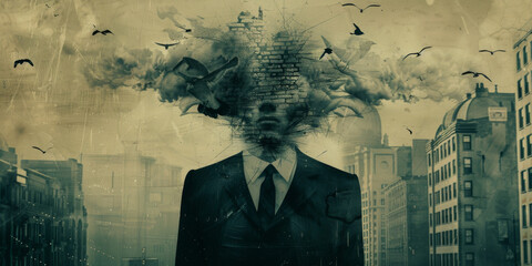 Surreal Mind Escape: Businessman with Exploding Cityscape Head
