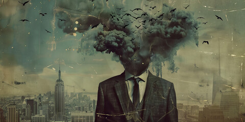Surreal Businessman with Exploding Head in Urban Landscape - Powered by Adobe