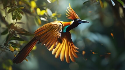 Golden paradise bird in flight with blue accents on the body long tail feathers and a unique wing pattern
