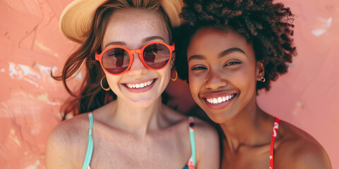 Young smiling women in beautiful fashionable swimsuits on colored background with copy space. Beach season, assortment of swimsuit.