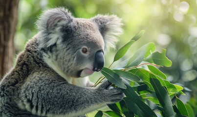 Side view of a koala's cute face as it munches on eucalyptus leaves. natural wildlife - obrazy, fototapety, plakaty