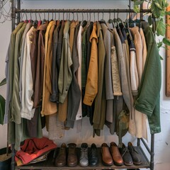 Sustainable fashion concept. Clothes hanging on a rack in second-hand clothing store. Slow fashion. Fashion sustainability. Green fashion revolution. Sustainable fashion movement. Generative AI