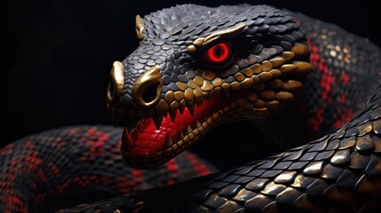 Mesmerizing Close-up of a red-eyed snake and sharp teeth with a menacing stare. This serpent's dark gold scales shimmer in the light 3D reptile illustration