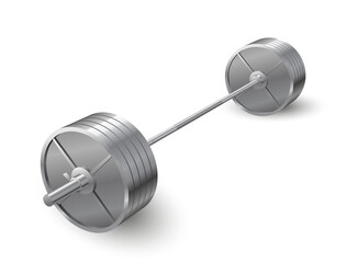 Beautiful realistic perspective view fitness illustration of an olympic barbell with steel plates on transparent background.