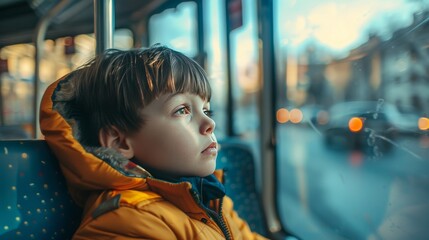 A boy sits on a bus looking out the window in thought