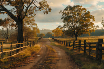 Rustic Autumn Farm Scene with Winding Dirt Road