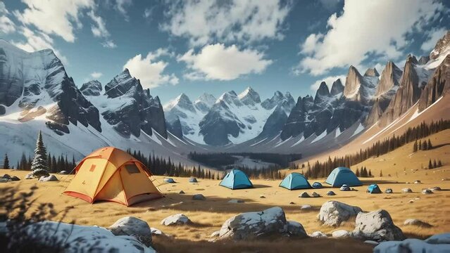 Wide angle shot of camping tents on the high altitude Himalayas, time lapse