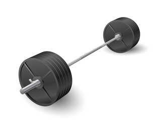 Beautiful realistic perspective view fitness illustration of an olympic barbell with black iron plates on transparent background.