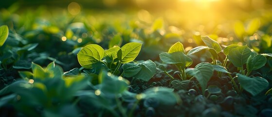 Soybean Sunrise: Harmony in Green. Concept Landscape Photography, Nature's Beauty, Golden Hour Glow