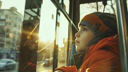Little boy looking through the bus window on his way home from school