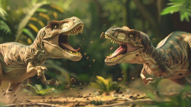 Two baby acrocanthosaurus practicing their roar in a playful duel