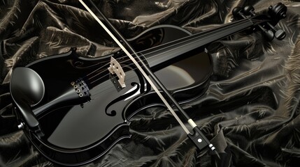 Fototapeta na wymiar Glossy black violin with a white bow on a velvet cushion