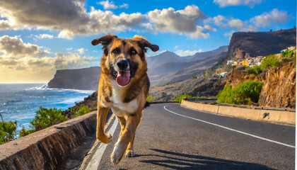 Ein großer Hund läuft schnell auf einer Küstenstraße auf einer Vulkaninsel