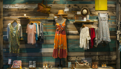 A clothing store with a blue wall and a variety of clothes on display by AI generated image