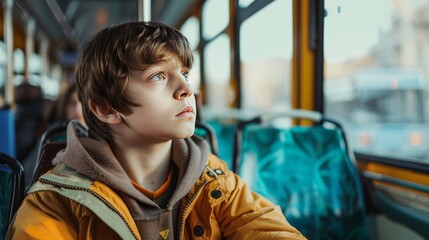 boy, 10, looking out the window of a bus