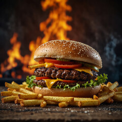 A juicy and delicious hamburger cooked over a wood fire. Ready to be eaten with french fries and...