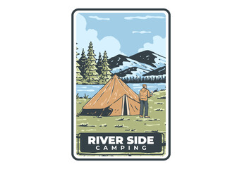 River side camping. Vintage outdoor illustration badge