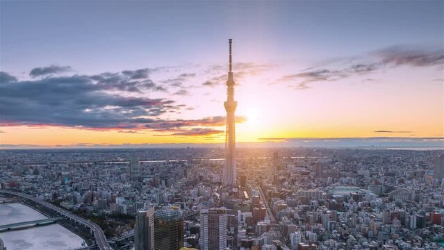Tokyo sky tree, Tokyo city and Sumida river. Colorful morning scene of Japan, Asia. Traveling concept background.	