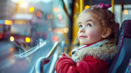 Fototapeta na wymiar Little girl looking out the bus window