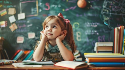 A little girl is sitting at a desk in a classroom. She is looking off into space, daydreaming. - obrazy, fototapety, plakaty