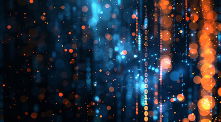 Fototapeta na wymiar Abstract, bokeh or lights as binary code, art or data as storage, cybersecurity or cloud computing. Glow, lines or dots of zero, one or color as energy pattern of transformation on dark web stream