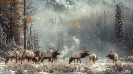 A herd of elk grazing on sparse winter foliage, their breath misting in the cold air, the towering evergreens and soft snow creating a peaceful sanctuary for these gentle giants.
